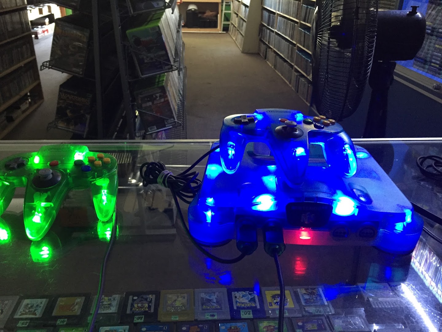 Inside Hometech Games Plus, shelves of retro games